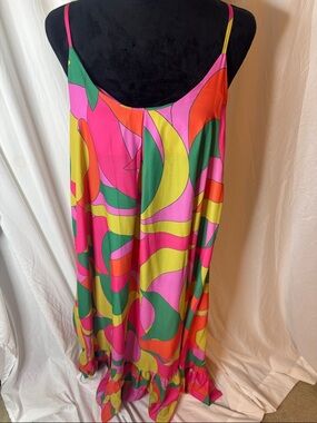 CEZELE Vibrant Colorblock Slip Dress in Pink, Green & Yellow
